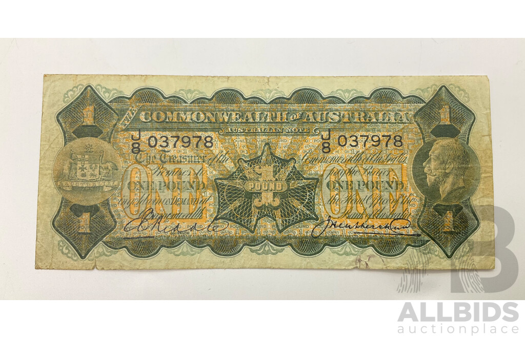 Australian 1927 Riddle Heathershaw R27 One Pound Note J8 037978.