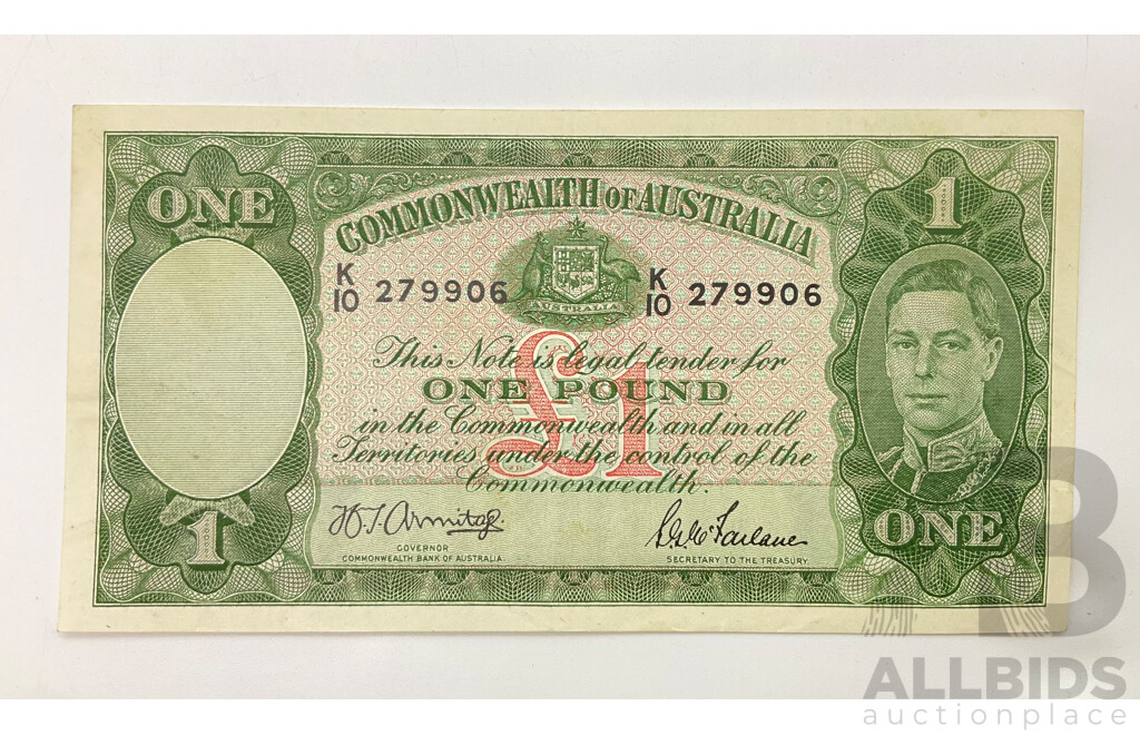 Australian 1942 Armitage McFarlane R30 One Pound Note, K10 279906.