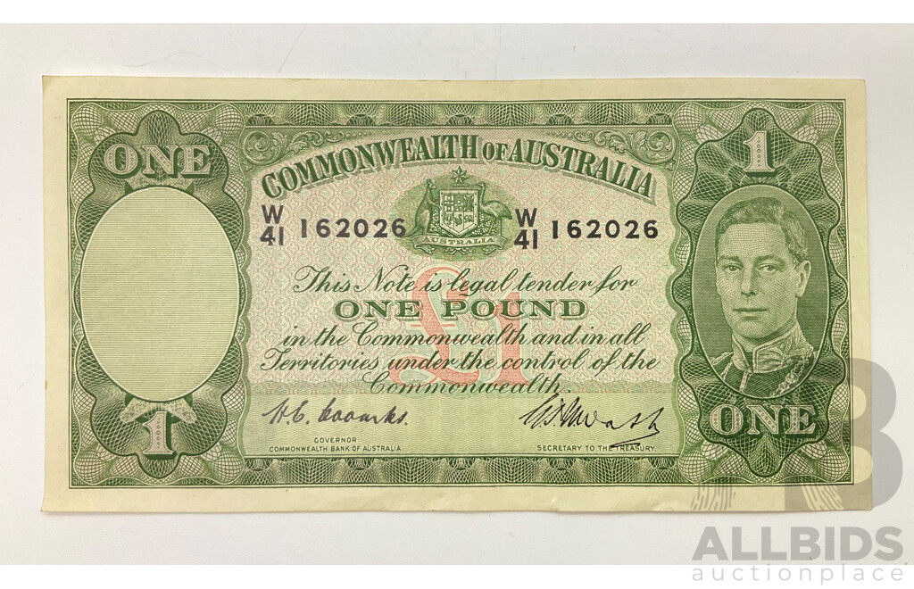 Australian 1949 Coombs Watt R31 One Pound Note, W41 162026