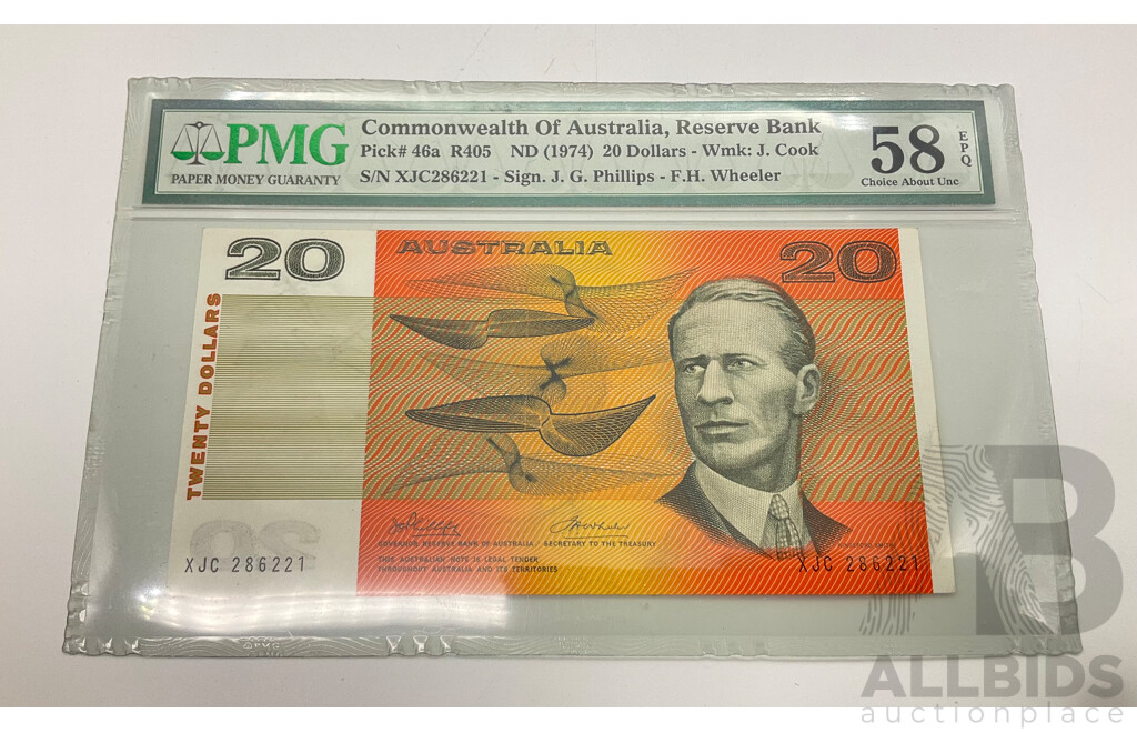 Australian 1974 Phillips Wheeler $20 R46a Note.Graded Choice A/UNC, XJC 286221