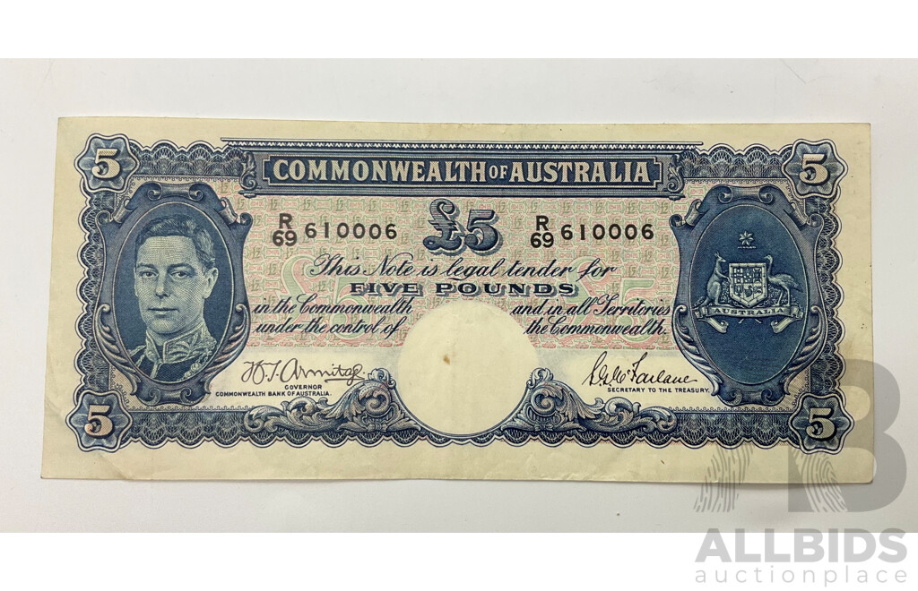 Australian 1941 Armitage McFarlane R46 Five Pound Note, R69 610006.