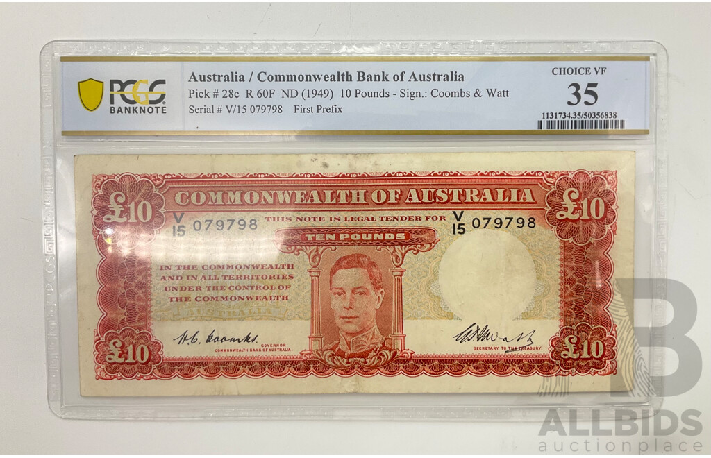 Australian 1949 Coombs Watt R60F Ten Pound Note.Graded VF V15 079798.