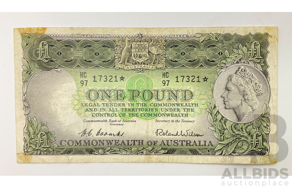 Australian 1954 Coombs Wilson R34S One Pound STAR Note , HC97 17321