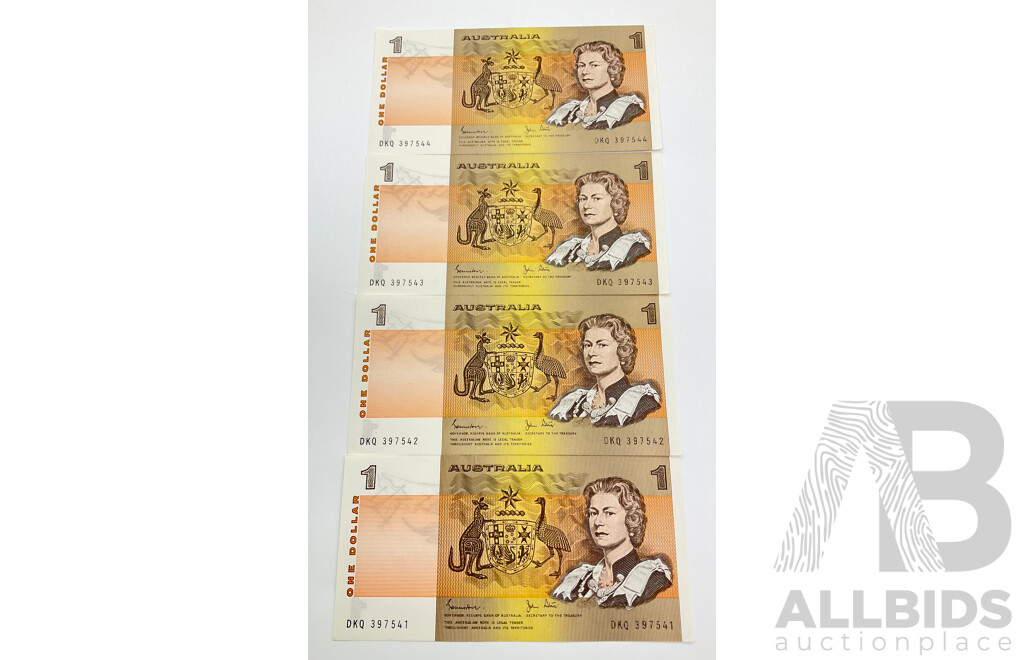 Australian 1982 Johnston Stone Four R78 $1 Notes, DKQ 397541/4