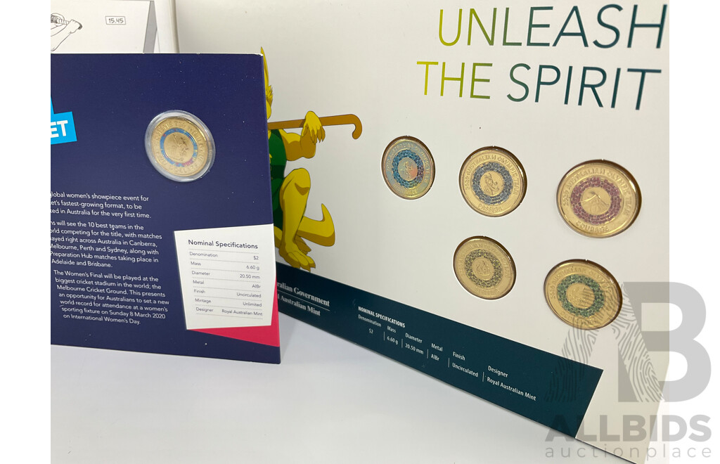 Australian 2020 Olympic Coloured Set of 5 $2 Coins. Womens T20 World Cup $2 Coin.