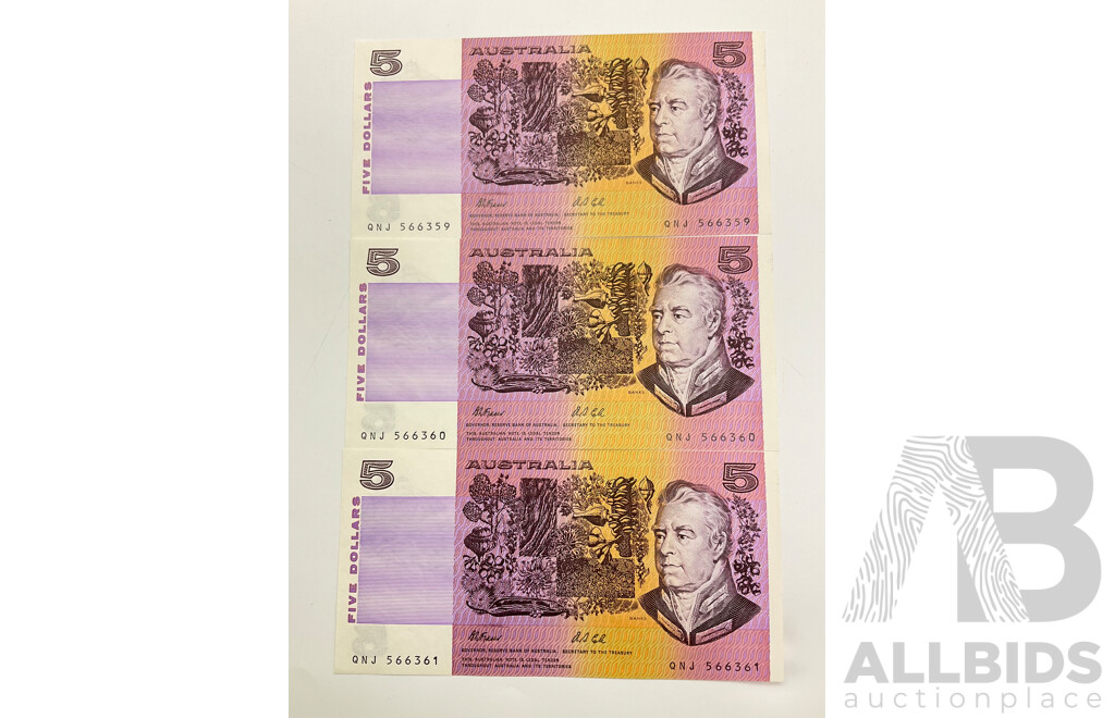 Australian 1991 Fraser Cole Three 3 Consecutive $5 Notes. QNJ 566359/61