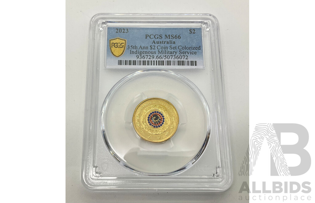 Australian 2023 Indigenous Military Service $2 Coin, PCGS Grading A/Gem.