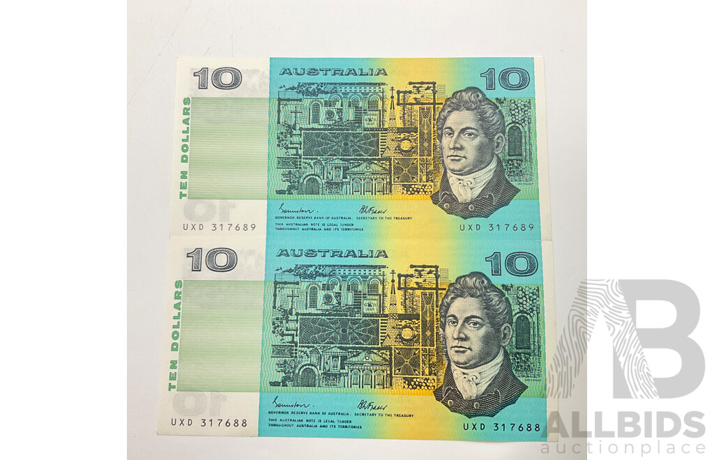 Australian 1985 Johnston Fraser Consesutive $10 Notes, UXD 317688/9.