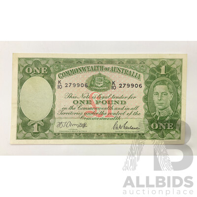 Australian 1942 Armitage McFarlane R30 One Pound Note, K10 279906.