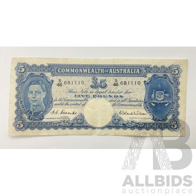 Australian 1952 Coombs Wilson R48 Five Pound Note. S46 681110