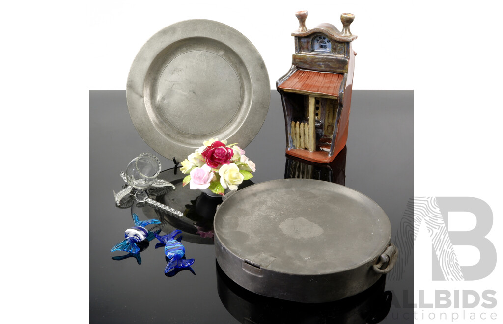 Collection Vintage Items Including Antique Pewter Plate and Warmer, Coalport Porcelain Flower Posy Pair Murano Glass Sweets and More