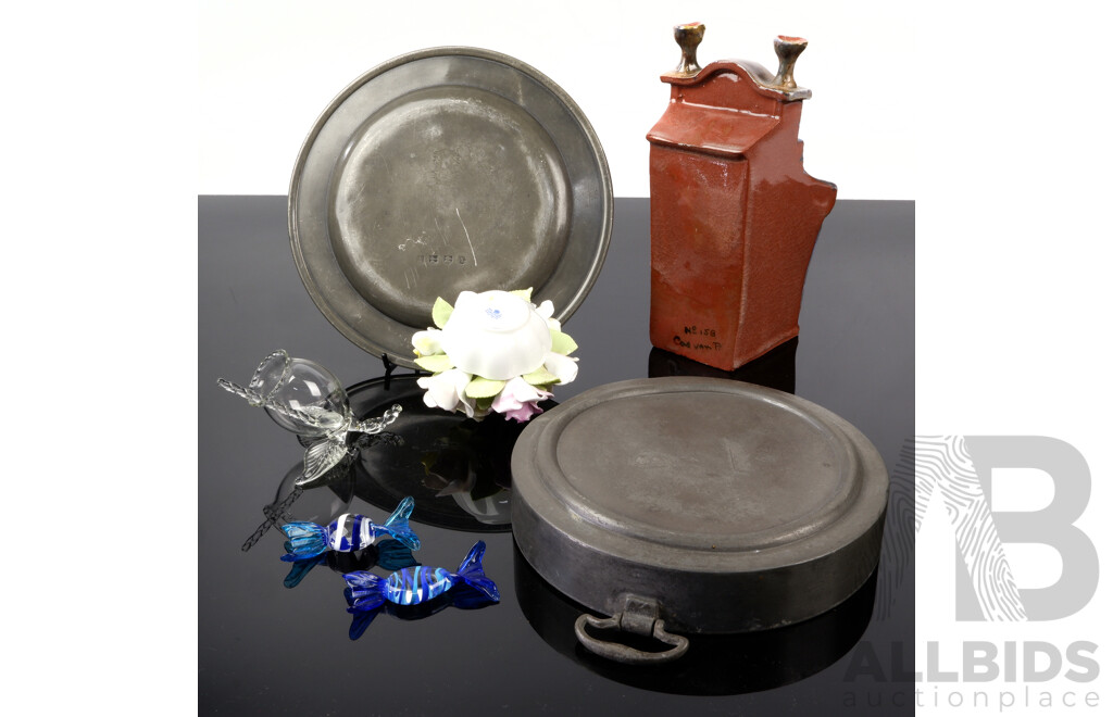 Collection Vintage Items Including Antique Pewter Plate and Warmer, Coalport Porcelain Flower Posy Pair Murano Glass Sweets and More
