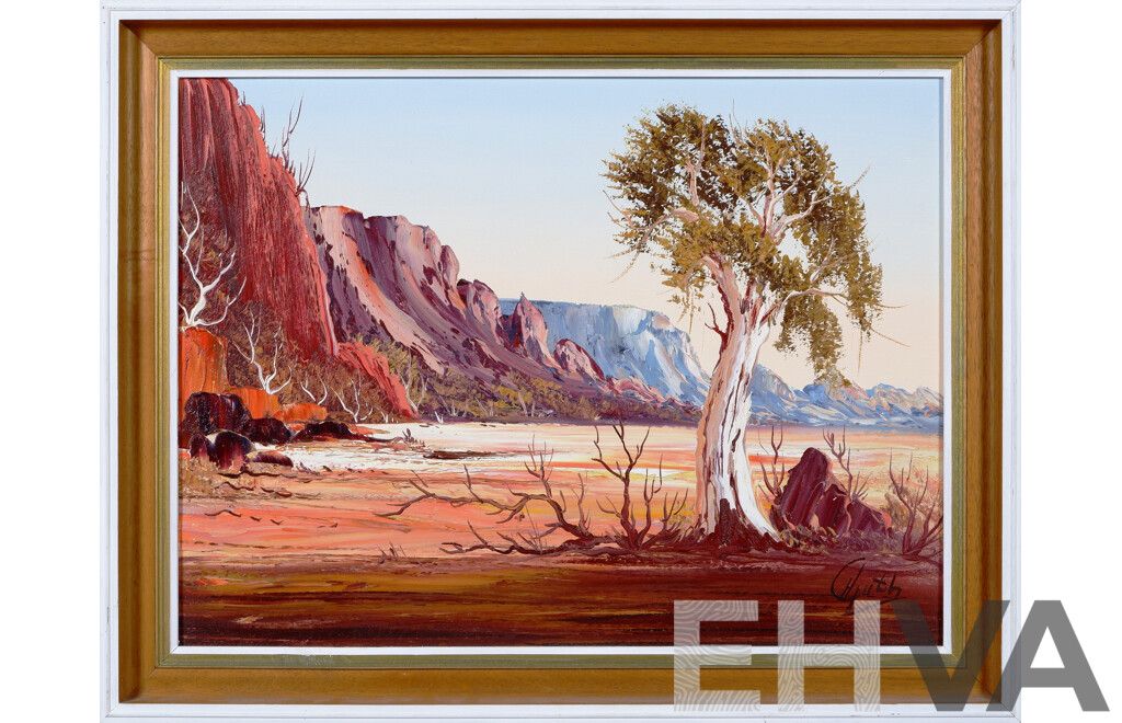 Henk Guth, (20th Century, Dutch-Australian,1921-2003), Part of the Macdonnell Ranges, Oil on Masonite, 55 x 70 cm (frame)