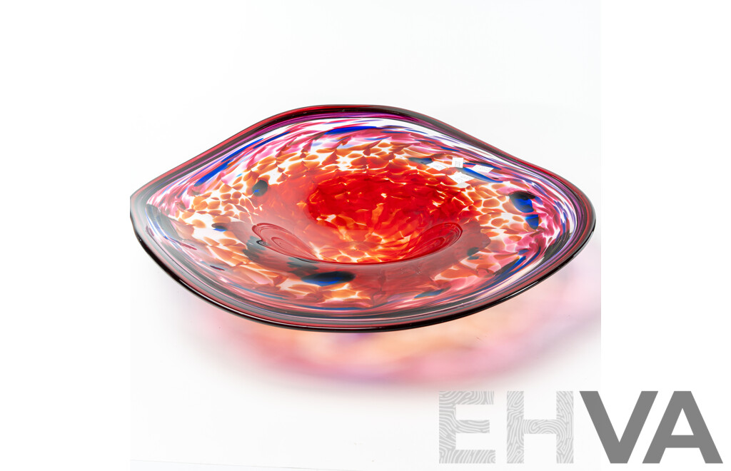 Hand Made Australia Studio Art Cranberry Glass Centerpiece Dish with Blue Highlights by Colin Heany