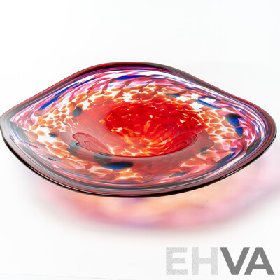 Hand Made Australia Studio Art Cranberry Glass Centerpiece Dish with Blue Highlights by Colin Heany
