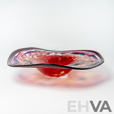 Hand Made Australia Studio Art Cranberry Glass Centerpiece Dish with Blue Highlights by Colin Heany