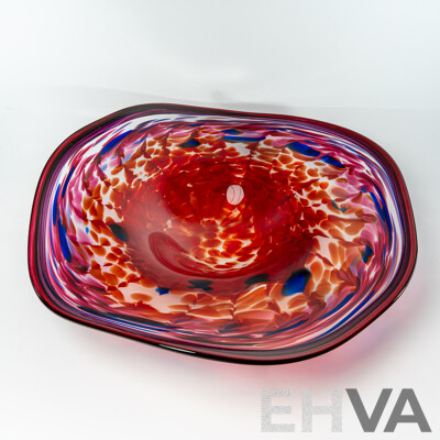 Hand Made Australia Studio Art Cranberry Glass Centerpiece Dish with Blue Highlights by Colin Heany