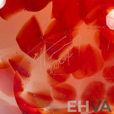 Hand Made Australia Studio Art Cranberry Glass Centerpiece Dish with Blue Highlights by Colin Heany