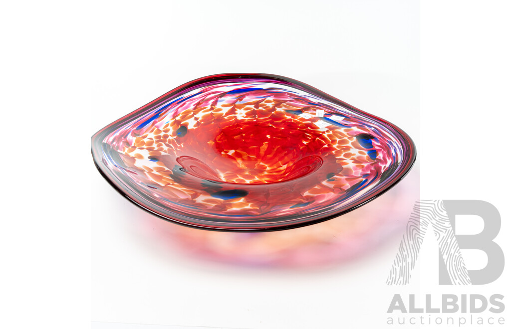 Hand Made Australia Studio Art Cranberry Glass Centerpiece Dish with Blue Highlights by Colin Heany