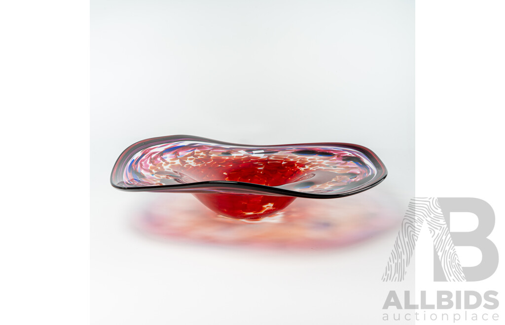 Hand Made Australia Studio Art Cranberry Glass Centerpiece Dish with Blue Highlights by Colin Heany