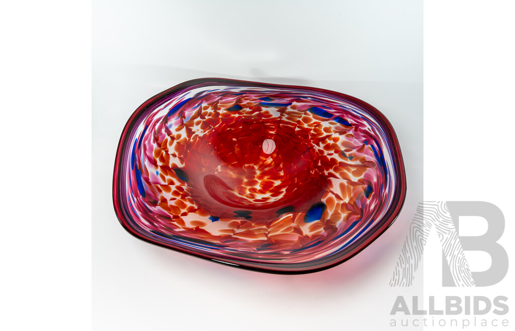 Hand Made Australia Studio Art Cranberry Glass Centerpiece Dish with Blue Highlights by Colin Heany