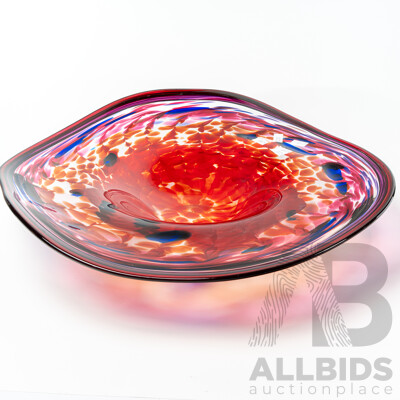 Hand Made Australia Studio Art Cranberry Glass Centerpiece Dish with Blue Highlights by Colin Heany