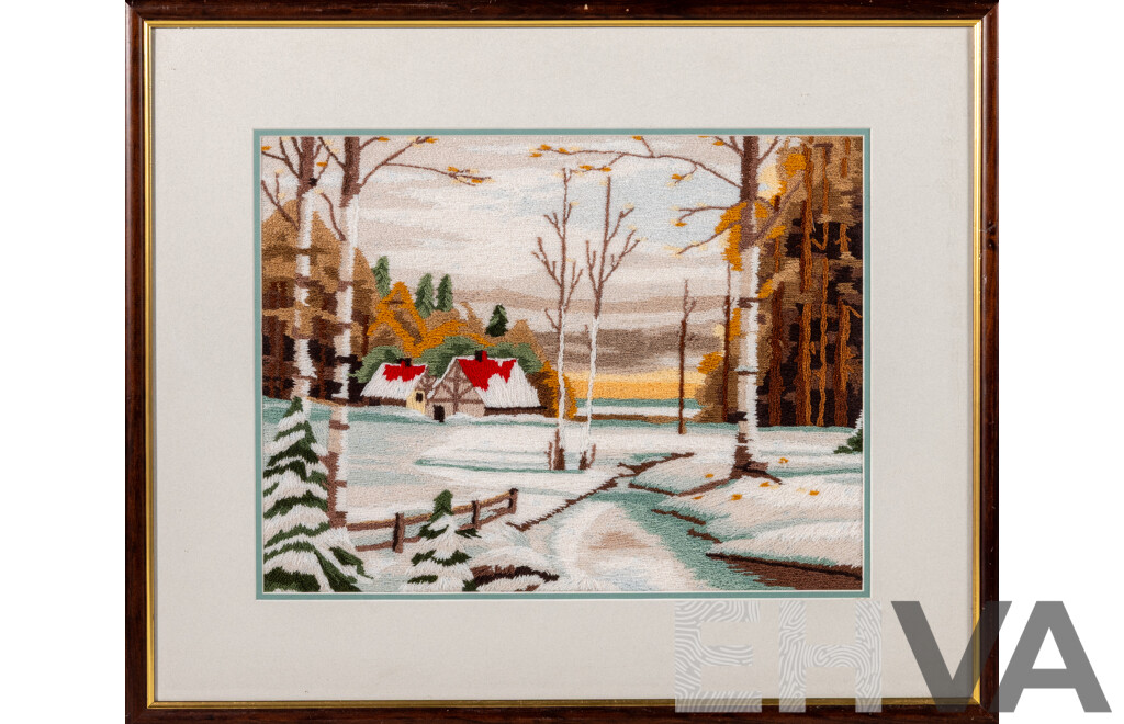 Artist Unknown, (20th Century), Winter Cottage, Hand Made Wool Long Stitch, 48 x 57 cm (frame)