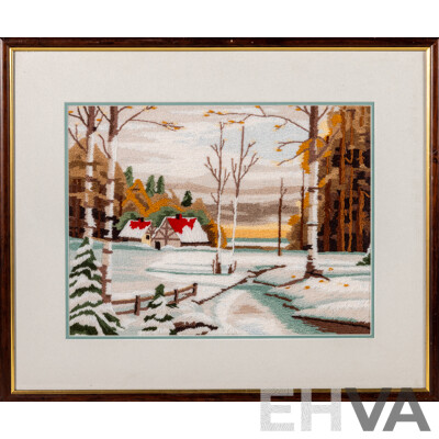 Artist Unknown, (20th Century), Winter Cottage, Hand Made Wool Long Stitch, 48 x 57 cm (frame) Artist Unknown, (20th Century), Winter Cottage, Hand Made Wool Long Stitch, 48 x 57 cm (frame)