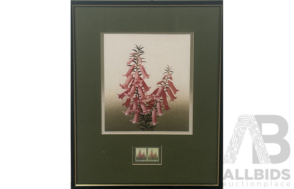 Paul Jones, (20th Century, Australian), Common Heath (Pink Form) From the Series - State Floral Emblems, Colour Print with Stamps, 46 x 36 cm (frame)