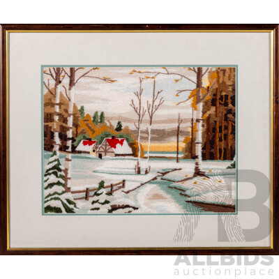 Artist Unknown, (20th Century), Winter Cottage, Hand Made Wool Long Stitch, 48 x 57 cm (frame) Artist Unknown, (20th Century), Winter Cottage, Hand Made Wool Long Stitch, 48 x 57 cm (frame)