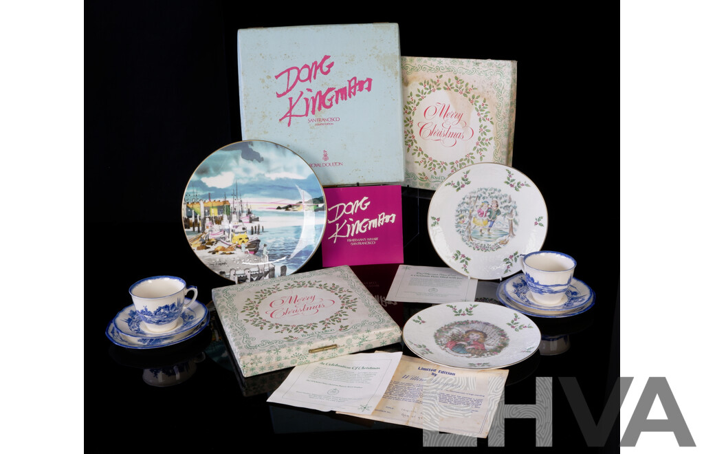 Collection Royal Doulton Porcelain Limited Edition Display Plates Comprising Dong Kingman, 1977 & 1978 Christmas Example All in Original Boxes Along with Two Norfolk Trios