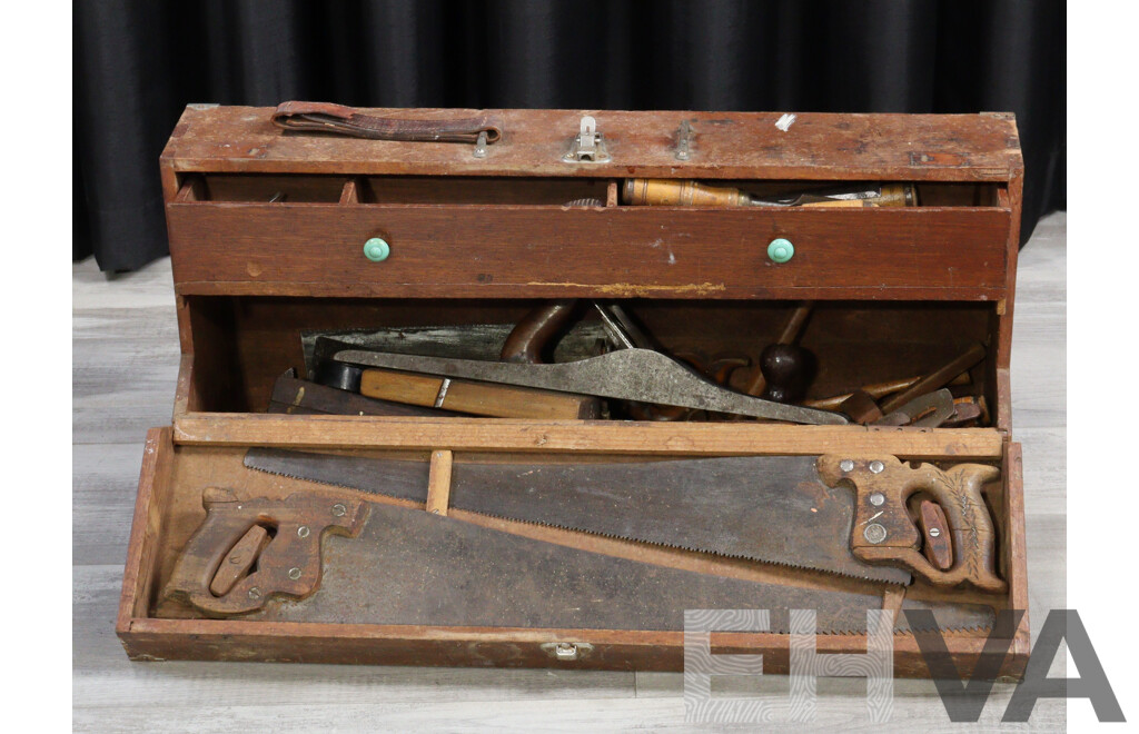 Vintage Wooden Tool Trunk with Selection Tools Including Swedish Chisels, Stanley Planes Including Number 7 and More