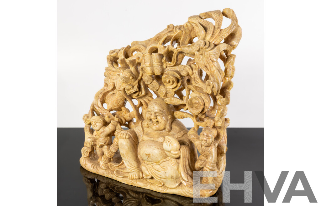 Ornate Hand Carved Vietnamese Soft Stone Laughing Buddha Statue