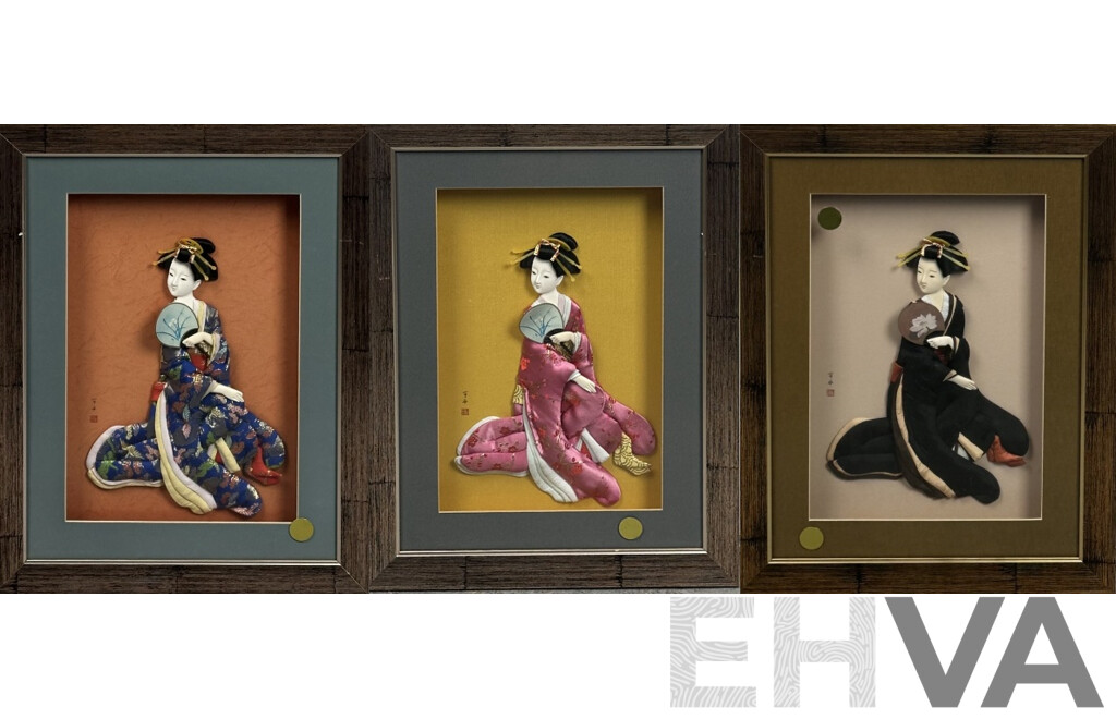 Lovely Trio of Vintage Porcelain Japanese Geisha Girls Framed in Shadow Boxes, 50 x 39 cm (frames) (3)