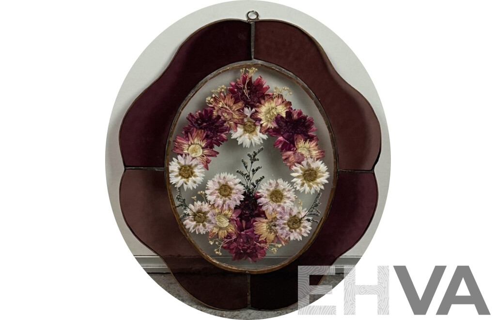 Vintage Dried Flowers in Leadlight Glass Frame, 33 x 28 cm
