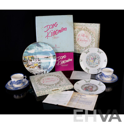 Collection Royal Doulton Porcelain Limited Edition Display Plates Comprising Dong Kingman, 1977 & 1978 Christmas Example All in Original Boxes Along with Two Norfolk Trios