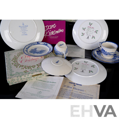 Collection Royal Doulton Porcelain Limited Edition Display Plates Comprising Dong Kingman, 1977 & 1978 Christmas Example All in Original Boxes Along with Two Norfolk Trios