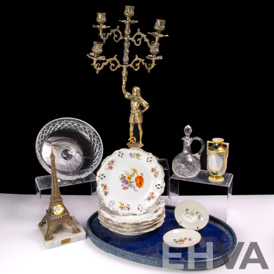 Collection Vintage Pieces Including Webb & Corbett Crystal Dish, Japanese Studio Pottery Oval Platter, Brass Candelabra in Page Boy Form and More