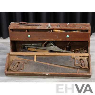 Vintage Wooden Tool Trunk with Selection Tools Including Swedish Chisels, Stanley Planes Including Number 7 and More