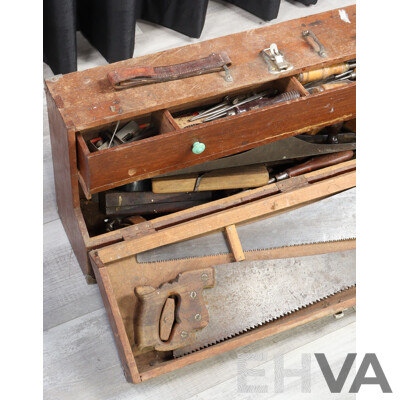 Vintage Wooden Tool Trunk with Selection Tools Including Swedish Chisels, Stanley Planes Including Number 7 and More