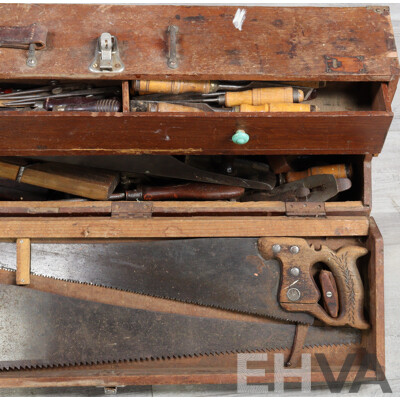 Vintage Wooden Tool Trunk with Selection Tools Including Swedish Chisels, Stanley Planes Including Number 7 and More