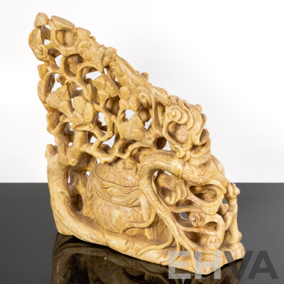 Ornate Hand Carved Vietnamese Soft Stone Laughing Buddha Statue