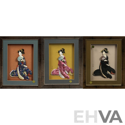 Lovely Trio of Vintage Porcelain Japanese Geisha Girls Framed in Shadow Boxes, 50 x 39 cm (frames) (3)