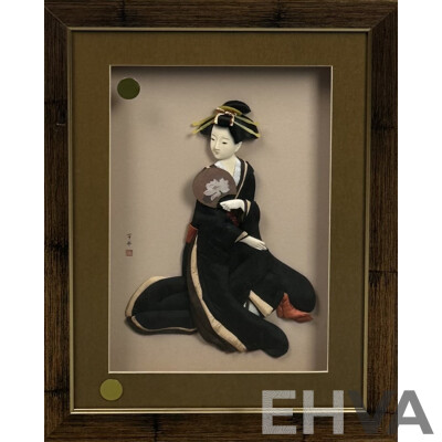 Lovely Trio of Vintage Porcelain Japanese Geisha Girls Framed in Shadow Boxes, 50 x 39 cm (frames) (3)