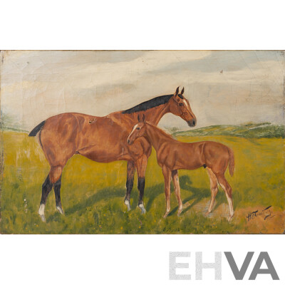 (Possibly) Harry Armstrong, (19th/20th Centuries), Horses - Mare with Foal, Antique Oil on Canvas, 33 x 51 cm
