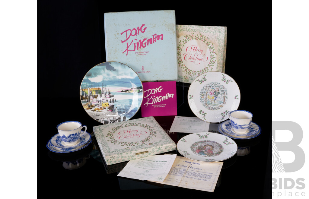 Collection Royal Doulton Porcelain Limited Edition Display Plates Comprising Dong Kingman, 1977 & 1978 Christmas Example All in Original Boxes Along with Two Norfolk Trios