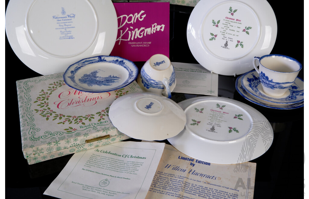 Collection Royal Doulton Porcelain Limited Edition Display Plates Comprising Dong Kingman, 1977 & 1978 Christmas Example All in Original Boxes Along with Two Norfolk Trios