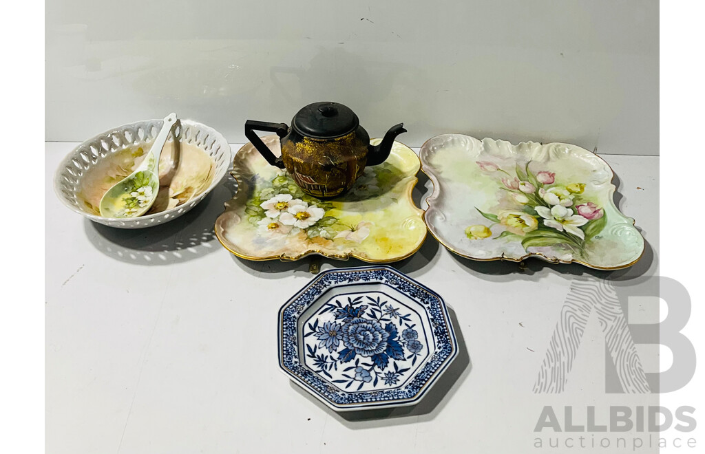 Hand Painted Kettle with Several Decorative Ceramic Platters