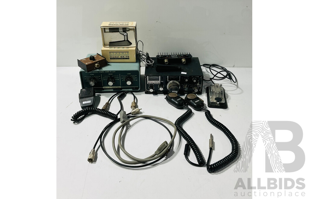 Collection of Vintage Radio and Communication Equipment Including Atlas 210x Radio Transceiver, Tokyo Hy-power Labs Hc-500, Two Kenwood Microphones and More