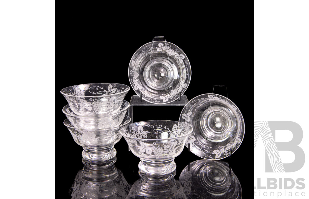 Set Six Vintage Stuart Crystal Footed Coupes with Etched Grape and Leaf Detail